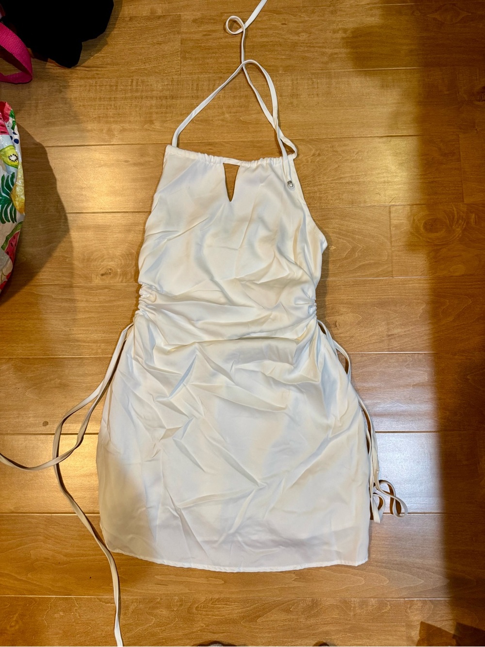 White Ruched Cutout Halter Mini Dress with Side Tie